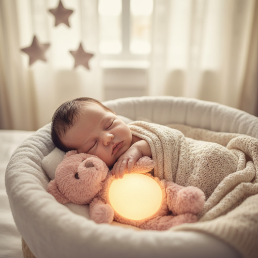 Newborn baby sleeping peacefully with soft glowing soother toy — DriftAway breathing bear from Zedi Trends
