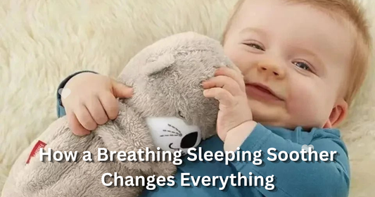 Newborn baby sleeping peacefully in a cosy basket with a soft glowing plush sleep soother toy — baby breathing sleeping soother for calm bedtimes