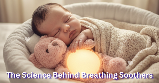 Newborn baby sleeping peacefully in a cosy basket with a soft glowing plush sleep soother toy — baby breathing sleeping soother for calm bedtimes