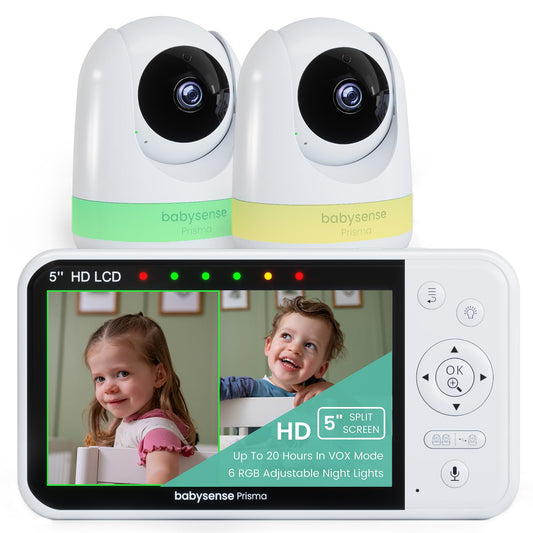 Babysense New Prisma Baby Monitor with Camera and Audio 5” HD Video Baby Monitor with 2 Cameras 6-Color Night Light Split Screen Baby Sound Machine with White Noise & Lullabies Secure No WiFi